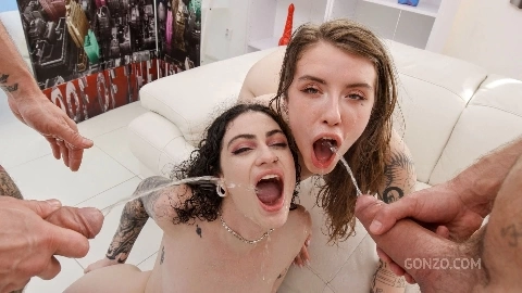 Piss sluts Eden Ivy & Lydia Black stretch their asses in a 5on2 orgy with DAP and Pee Drink SZ3024