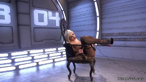 Blonde in fishnet pantyhose fucks machine